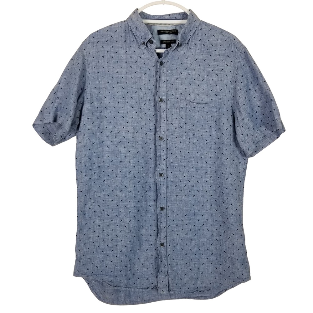 Banana Republic Button Front Shirt Mens Medium Tall Blue Linen Camden Fit Print
